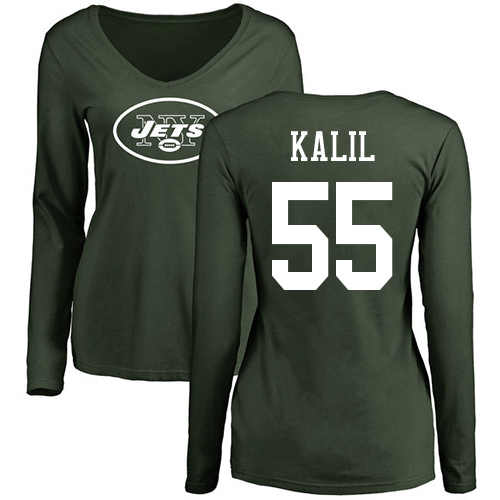 New York Jets Green Women Ryan Kalil Name and Number Logo NFL Football #55 Long Sleeve T Shirt